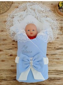 Resim Bal Peteği My Prince Taç Nakışlı İnci Fiyonklu Dantel Duvaklı Delüks Kundak Bebek Battaniyesi Mavi Çok Renkli 