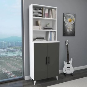 Resim Reyo Home Enda Oras 6 Raflı 2 Kapaklı Klasik Kitaplık Antrasit - Beyaz 