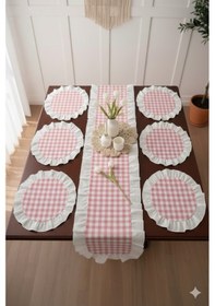 Resim Fırfırlı Ekoseli 1 Runner 6 Amerikan Servisi Supla Takımı - 7 Parça Çeyiz Seti -FIRFIRLI-PEMBE-SUPLA 