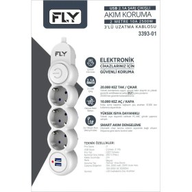 Resim FLY FLY-3393-01 Termal Akım Korumalı 3'lü Priz 2 USB 2m 2.1A 