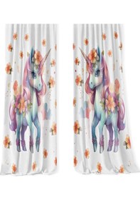 Resim Kız Çocuk Odası Çift Kanatlı Fon Perde Çiçekli Unicorn Desenli 