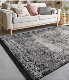 Resim RealHomes Gri Zemin Damask Motifli Kilim Desenli Eskitme Motif Etnik Motifli Salon Kaymaz Taban Saçaklı Halı HaliDik-Deluxe-11026, 150 x 150 