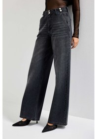 Resim Itsbasic Kadın Füme Renk 2w5-1 Wide Leg Fit Bol Kesim %100 Koton Kemer Detaylı Denim Jean 