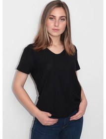 Resim Rich Kadın Organik V Yaka T-Shirt %100 Pamuk Tişört Siyah 