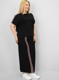 Resim Kadın Büyük Beden Kısa Kollu Şeritli Etek Takım 8204-25 - XXL / Zümrüt Yeşili 