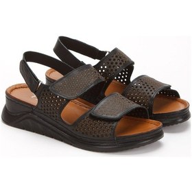 Resim Hakiki Deri Cırt Cırtlı Topuksuz Kadın Sandalet Siyah 