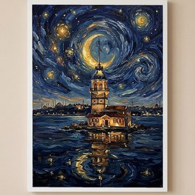 Resim Maiden Tower Istanbul Crescent Moon Print - Van Gogh-Style Bosphorus Wall Art - Wooden Frame - White / 20 x 28" (50x70 cm) 