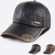 Resim 1 adet Erkekler İÇin Şıklık Faux Deri Beyzbol Şapka, Moda Ayarlanabilir Kış Şapka Orta Yaşlı ve Yaşlılar İçin Yünlü Astarlı 