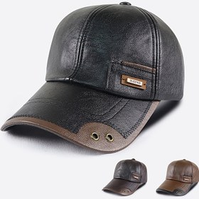 Resim 1 adet Erkekler İÇin Şıklık Faux Deri Beyzbol Şapka, Moda Ayarlanabilir Kış Şapka Orta Yaşlı ve Yaşlılar İçin Yünlü Astarlı 