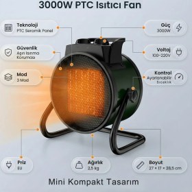 Resim Smayling Elektrikli Fanlı Isıtıcı 3000W Ptc Seramik Isıtıcı 3 Kademeli Taşınabilir Oda Ofis Masa Altı Fanlı Isıtıcı 