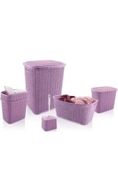 Resim Selfbuysell 5 Parça Örgü Desenli Plastik Banyo Seti Çamaşır Sepeti Deterjanlık Çöp Kovası Klozet Fırçası - Mor 