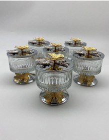 Resim 6'lı Ayaklı Elysia Cam Magnolia Kasesi, Kelebek Kapaklı Dondurmalık, Şekerlik, Çerezlik Gümüş 