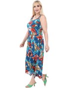 Resim Melsay Butik Papağan Desen Büyük Beden Askılı V Yaka Uzun Elbise Mavi 