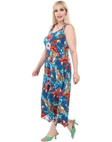 Resim Melsay Butik Papağan Desen Büyük Beden Askılı V Yaka Uzun Elbise Mavi 