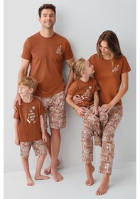 Resim Arnetta Premium Erkek Çocuk Cool Summer Rahat Kalıp %100 Pamuk Kısa Kollu Şortlu Aile Pijama Takım Krem 