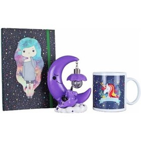 Resim Unicorn Ay Masa Lambası Kupa Sert Kapaklı Lastikli Defter 