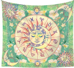 Resim Yaleker Yeşil Güneş Ve Ay Desenli Poliester Dekoratif Duvar Örtüsü - 73x95 Cm Ev Dekorasyonu Ve Odası Arka Planı 