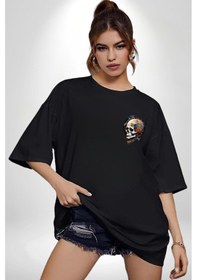 Resim Kuru Kafa Kristal Siyah Oversize Unisex Ön Sol Yan Minimal Baskılı Tişört Koyu Siyah 