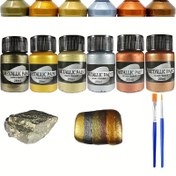 Resim 6 Renkli Metalik Akrilik Boya Seti, 20ml Şişeler - Toksik Olmayan, Canlı Tonlar DIY Sanat & El İşleri İçin - Suni Deri, Taşlar, Ahşap, Cam, Balkabağı İçin İdeal - 2 Fırça Dahil 