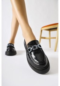 Resim Lucin Siyah Kroko Desenli Zincir Toka Detaylı Makosen Ayakkabı 001 