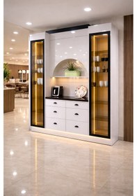 Resim Lüks High Gloss Mutfak Dolabı & Kahve Köşesi - %100 Mdf Gövde, Led Aydınlatmalı, 6 Çekmeceli 190x230 Parlak Deluxe Gri 