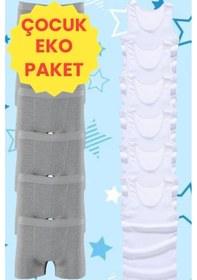 Resim Mood Agenda Erkek Çocuk Pamuklu Penye 6 Atlet 6 Boxer Beyaz Gri 