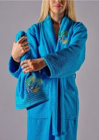 Resim Alya Lüks Nakışlı Pamuklu 2 Parça Bornoz Seti Mavi 