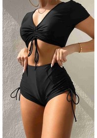 Resim Angelsin Özel Tasarım Yarım Kol Büzgü Detaylı Bikini Takım Siyah 001 