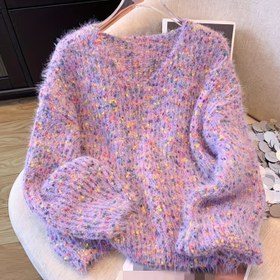 Resim Kadınların Rahat Gökkuşağı Renk Bloğu Kazak - Yumuşak V-Yaka Uzun Kollu Kazak, Rahat Sonbahar ve Kış Giyimi, Bej ve Mor Çizgili Tasarım, Rahat Örgü Giyim, Rahat Giyim | Gökkuşağı Renk Bloğu | İnşaat, Kazak Elbise 