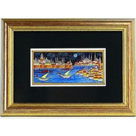 Resim Minyatür 25x30 Cm El Yapımı Dekoratif Çerçeveli Topkapı Sarayı Ve Kız Kulesi Gece 