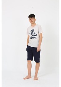 Resim Akbeniz Erkek Genç Garson Boy Kısa Kol Krem Penye Şortlu Pijama Takımı 20377 