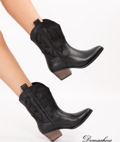 Resim Demashoes Siyah Kısa Nakışlı Western Kadın Kovboy Cilt Çizme 