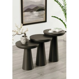 Resim Wood Ahşap Siyah Renk Konik Model 3 Lü Set Mantar Yan Sehpa Fiskos Çiçeklik Decorative 