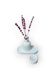 Resim Çizgili Vazo, Örgülü Mum Ve Oval Tepsi Dekoratif Set 