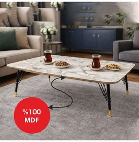 Resim Mermer Desenli Mdf Orta Sehpa 90x60 Cm Metal Ayaklı Modern Salon Sehpası Mermer Desenli Mdf 