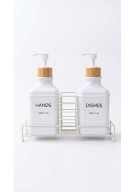 Resim Makri Home Stantlı Bambu Kapaklı İkili Cam Sıvı Sabunluk & Deterjanlık Seti 2 500 Ml, 22,5 8,5 24 Cm Beyaz 