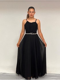 Resim Erkut Kız Çocuk Abiye Askılı Siyah Şifon Drape Ve Taş Detaylı Abiye Elbise 10-15 Yaş Siyah 