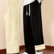 Resim Erkekler için Kışlık Polar Astarlı Günlük Pantolon - Kalın Çift Taraflı Polar, Elastik Bel Bağcıklı & Cepli, Siyah Normal Fit Soğuk Hava Dış Mekan Konforu İçin, Kışlık Pantolonlar, Soğuk Hava Giyimi, Düz Renk Tasarım, Dayanıklı Rahat Giysi 