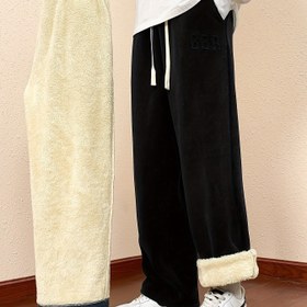 Resim Erkekler için Kışlık Polar Astarlı Günlük Pantolon - Kalın Çift Taraflı Polar, Elastik Bel Bağcıklı & Cepli, Siyah Normal Fit Soğuk Hava Dış Mekan Konforu İçin, Kışlık Pantolonlar, Soğuk Hava Giyimi, Düz Renk Tasarım, Dayanıklı Rahat Giysi 