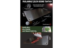 Resim Feyza Design Paslanmaz Çelik Kesme Tahtası, Kulplu, Patentli, 304 Kalite, Antibakteriyel 