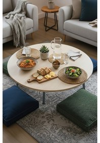 Resim Ahşap Mermer Desenli Metal Katlanır Ayaklı Kamp Bahçe Ev İçin Yuvarlak Yer Sofrası Sarı 