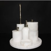 Resim Beyaz Mermer Altın Eskitme Aparatlı 7'Li Banyo Seti Beyaz 