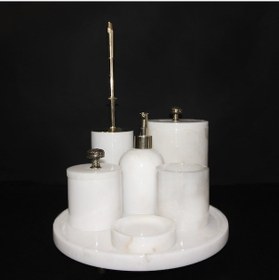 Resim Beyaz Mermer Altın Eskitme Aparatlı 7'Li Banyo Seti Beyaz 