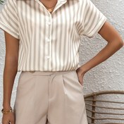 Resim Kadın Fransız Polo Gömlek, Yarasa Kollu, Çizgili Baskı, %100 Polyester, Normal Uzunluk, Düğme Detayı, Dokuma Kumaş, 120g/m², Bahar/Yaz/Sonbahar Sezonu 