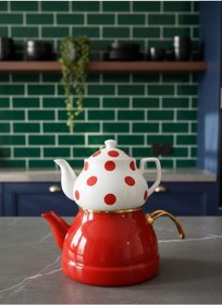 Resim Gold Detaylı Üstü Porselen Altı Emaye İkili Demlik Takımı Kırmızı 