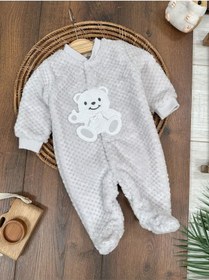 Resim 101 Dalmaçyalı Peluş Ayıcık Nakışlı Patikli Çıtçıtlı Kışlık Erkek Bebek Tulum Gri 