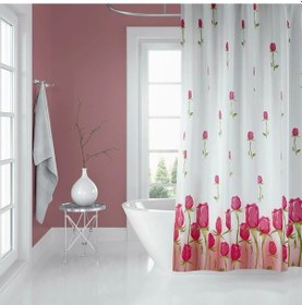 Resim Banyo Perdesi 7017 1x180x200, Perde Borusu Askı Aparatı Köşe Boru Pembe Hediyeli, Duş Perdesi Seti Kırmızı 