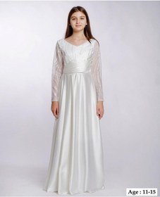 Resim Kız Çocuk/genç Yeni Moda Tafta Kumaş Uzun Kollu Tam Kalıp Abiye Elbise 5799-beyaz Beyaz 