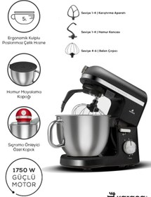 Resim Karaca Hamur Yoğurma Mikser ,Çırpma, Püre, Karıştırıcı 1750W Kulplu 5LT Çelik Hazneli Mutfak Şefi 