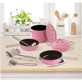 Resim Metal Tencere Seti 11 Parça Yanmaz Emaye Metal Tencere Tava Seti 